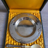 Porridge plate and spoon in silver metal