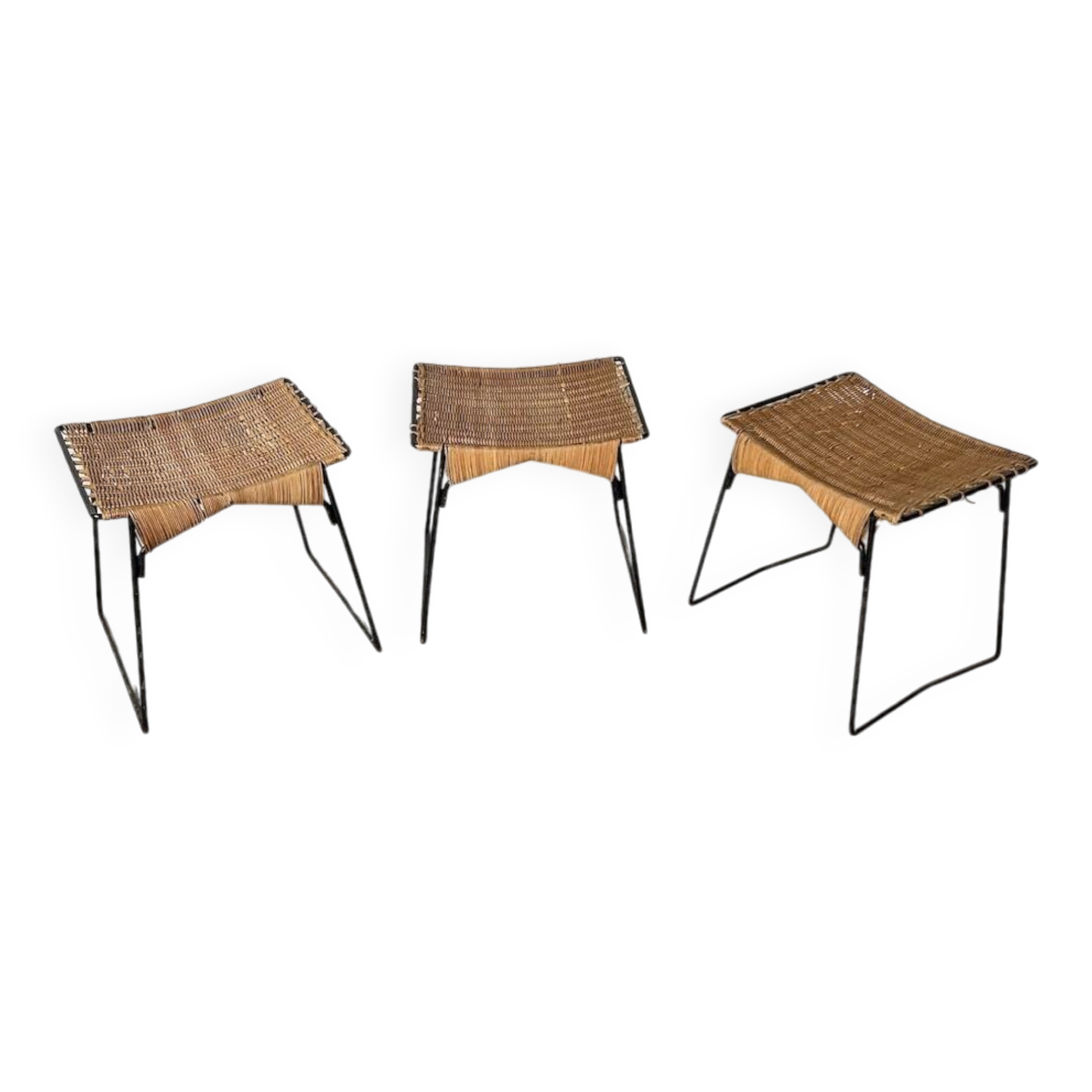 Set of three Raoul Guys wicker and metal stools