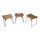 Set trois tabourets osier et métal Raoul Guys