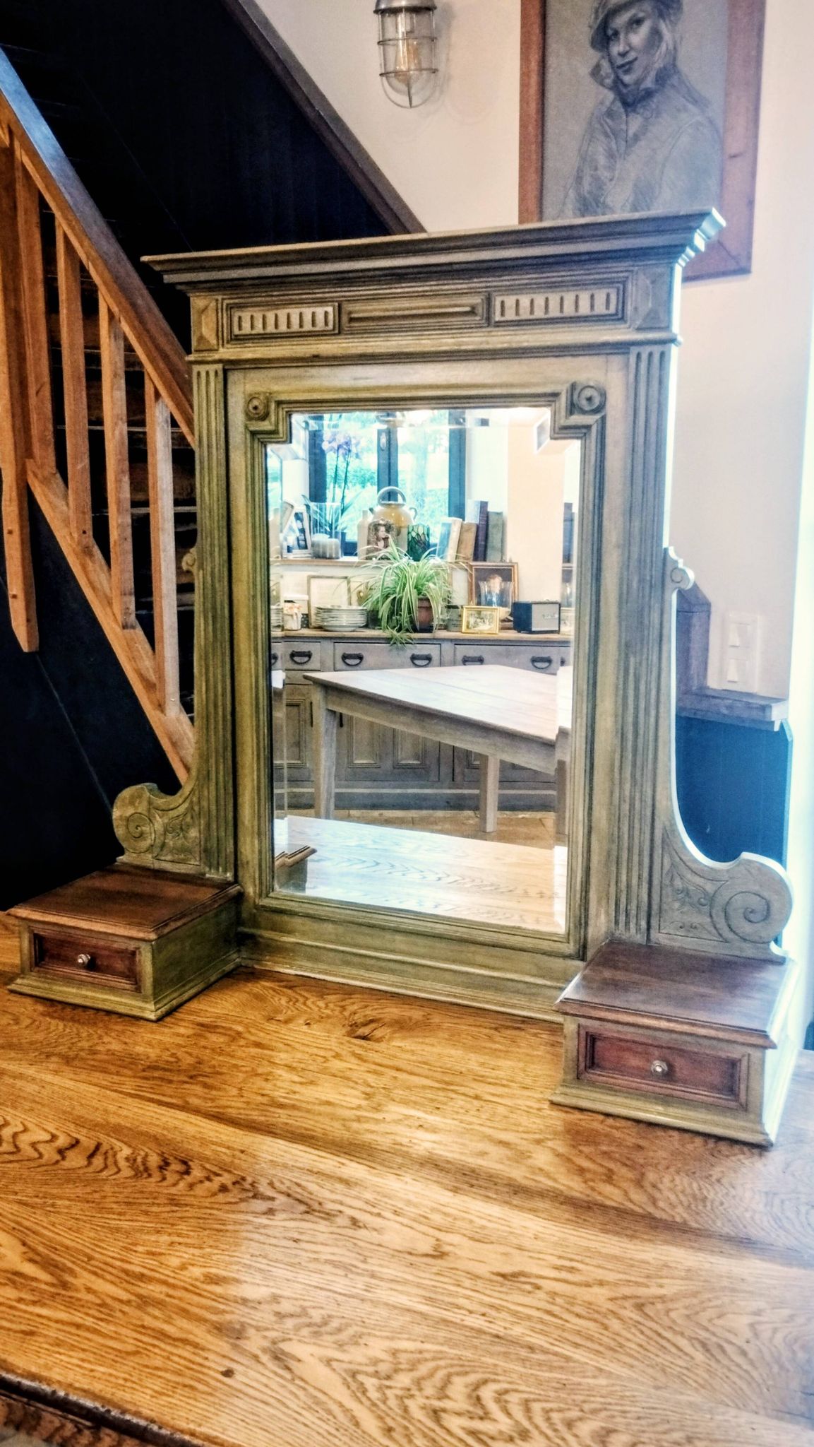 Antique bevelled mirror Farrow and Ball "Green Bancha"