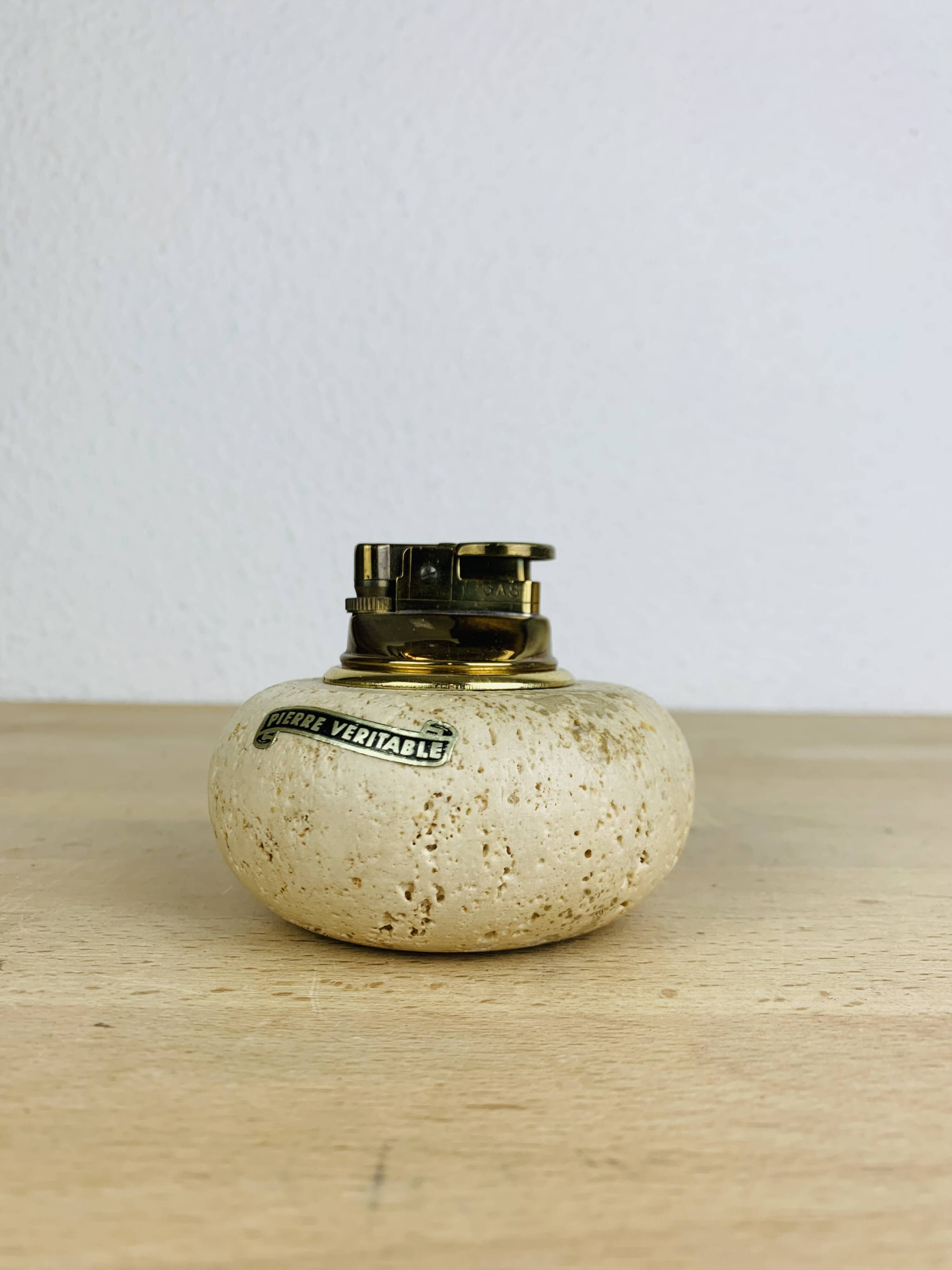 Round travertine lighter, 1980s, Italy