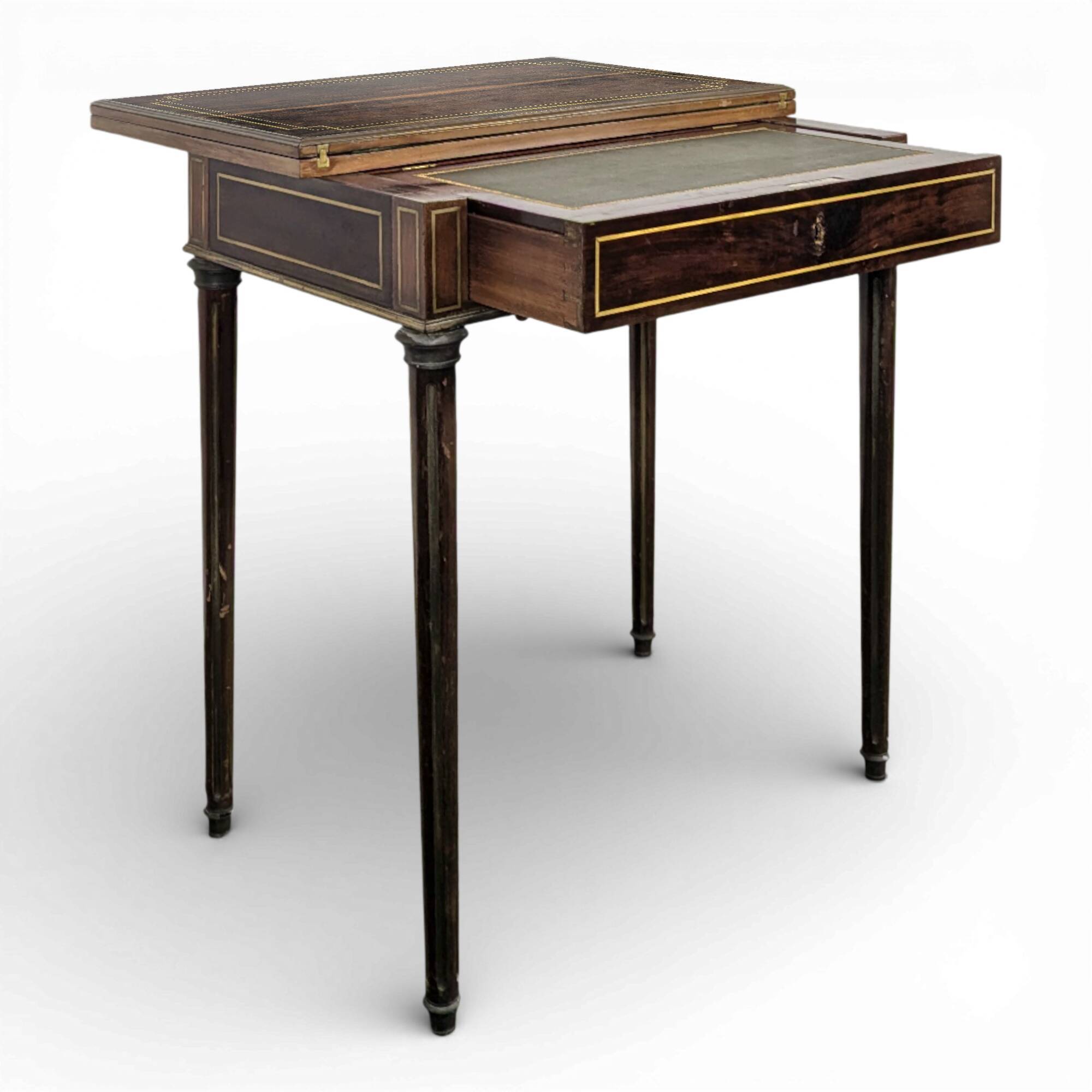 Louis XVI style mahogany game table, dressing table, and secretary.