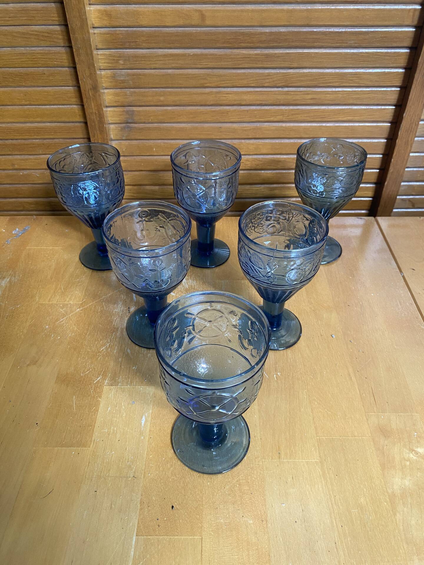 Set of 6 Blue Moulded Glass Goblets with Fruit Decor Vintage 1960s
