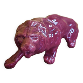 Statue d'Un Lion en Céramique émaillée rouge Art Déco, France, 1930s