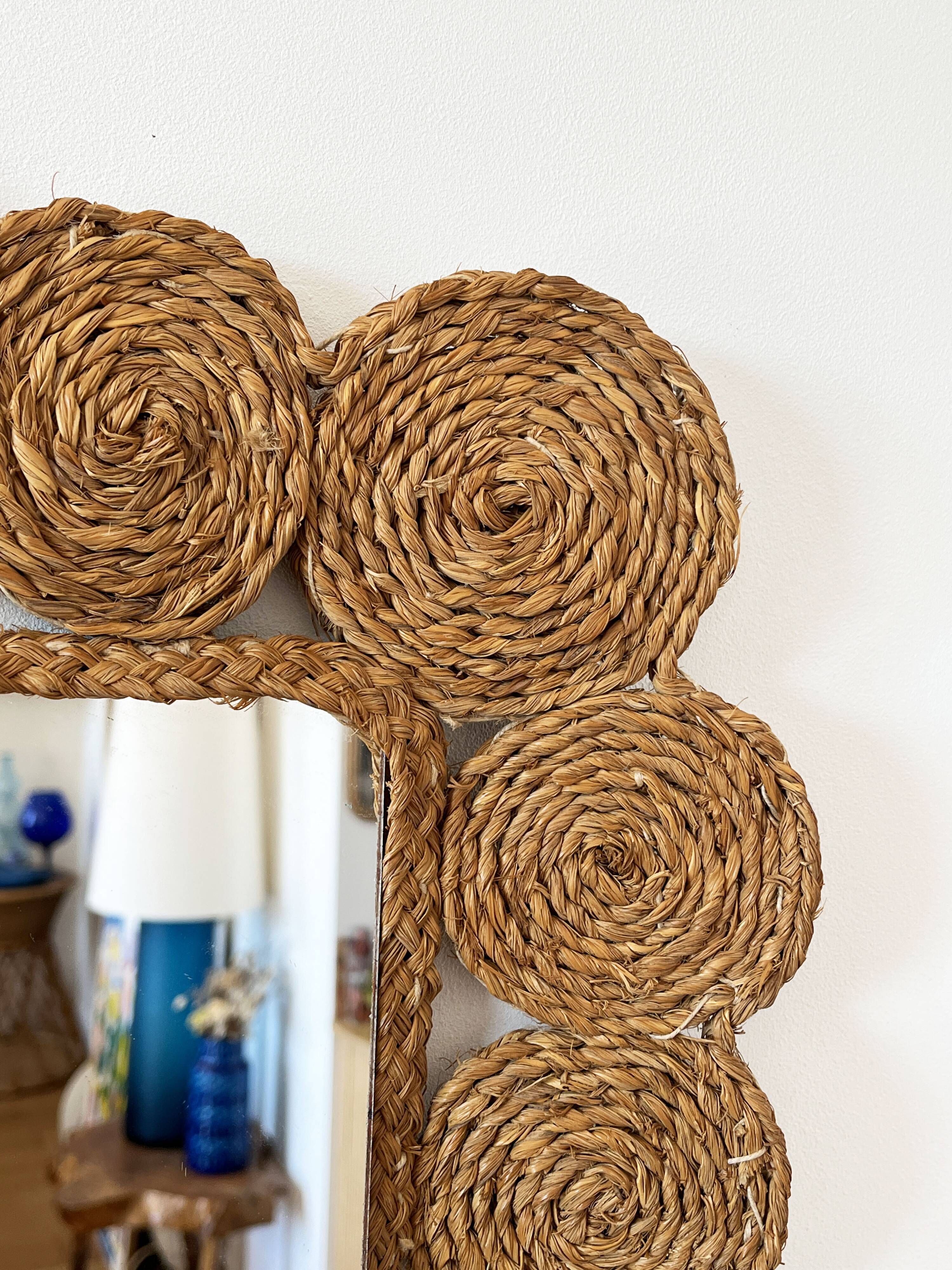 Vintage 1960s braided raffia mirror