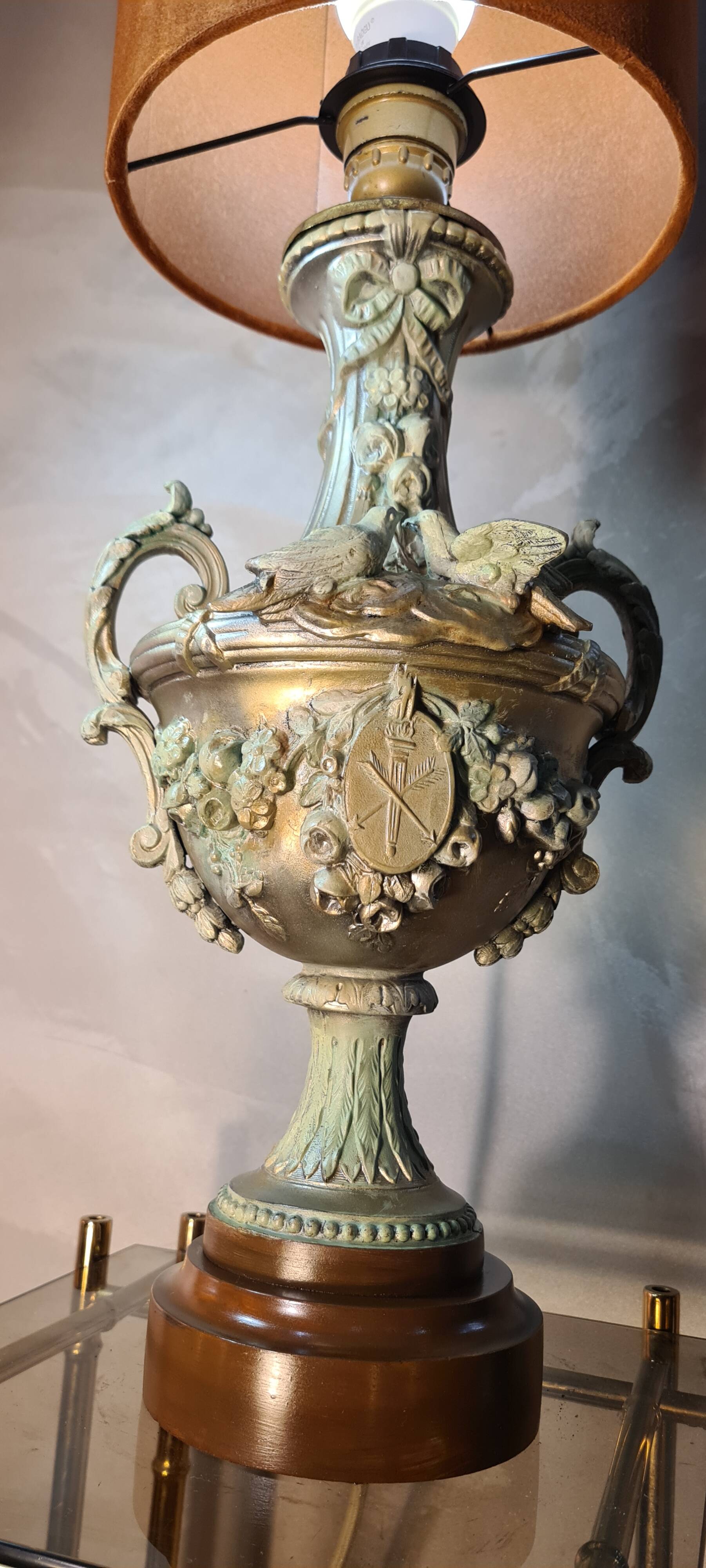 Vintage rococo style lamp, regency, regule steel patinated velvet lampshade 66x20