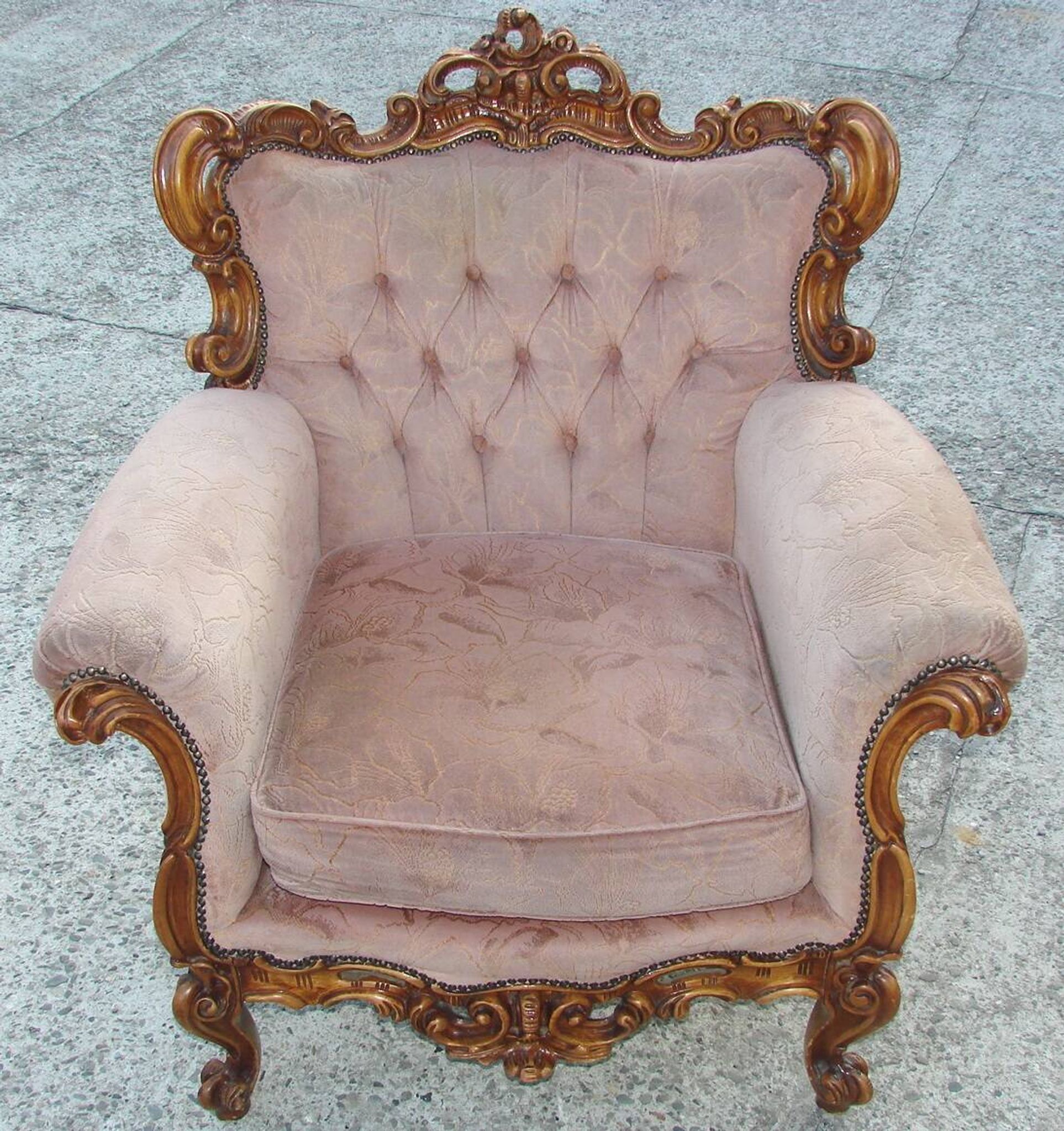 Vintage French armchair, 1960s, carved wood, springs