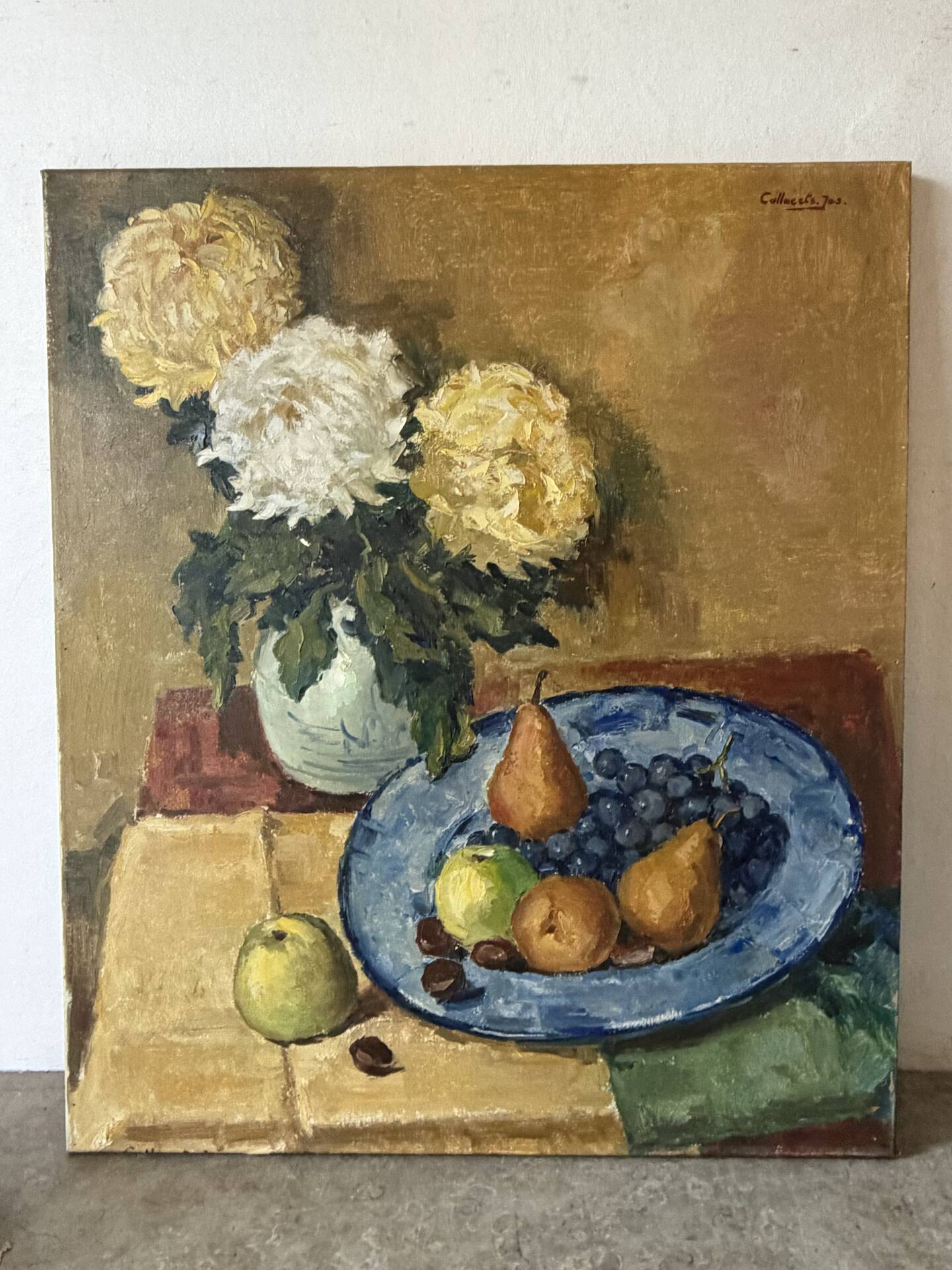 Fleurs et fruits, huile sur toile signée 1970