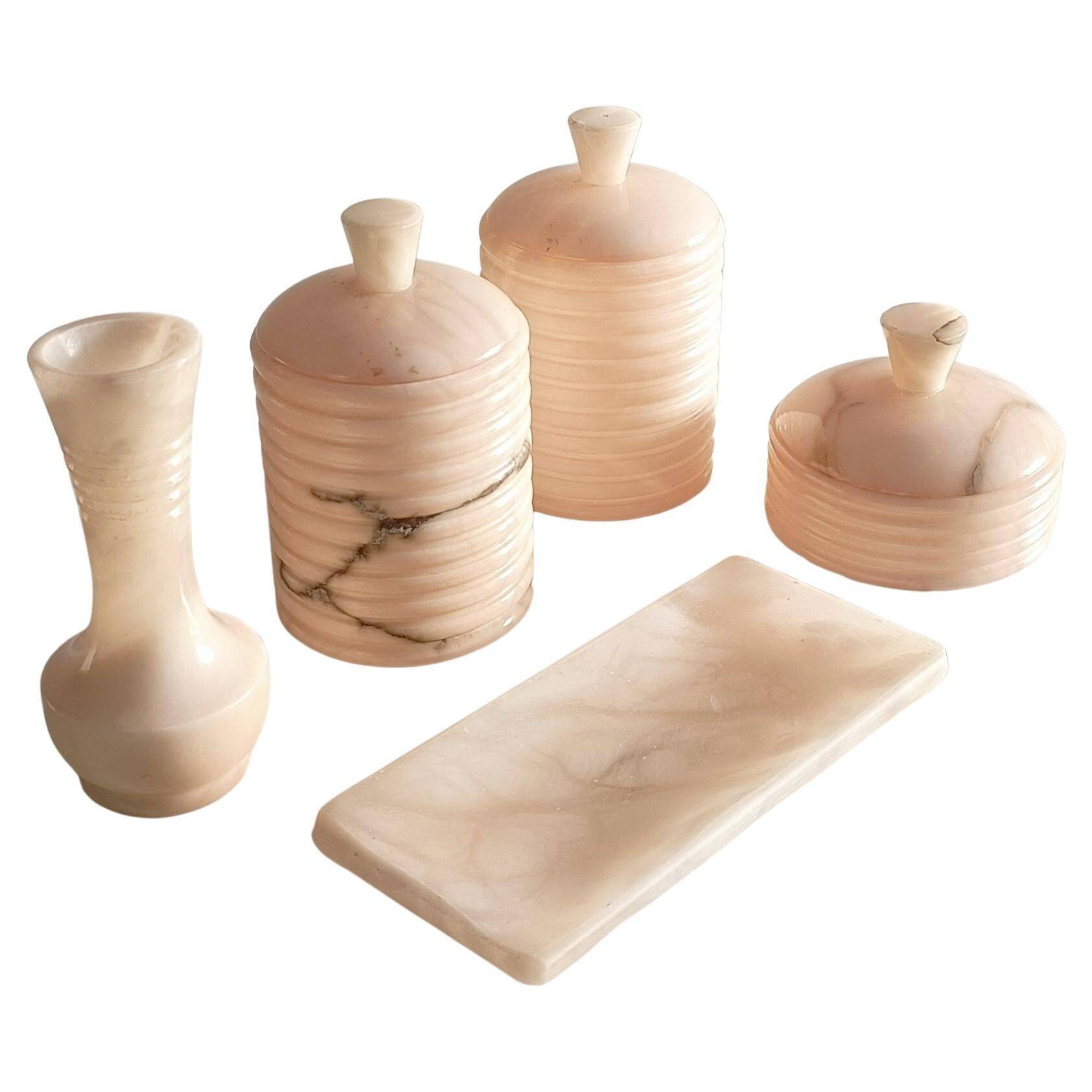Mid Century Pink Alabaster Vanity or Bathroom Set, Handmade in Spain ci. 1960s