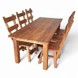 Elm wood brutalist wabi sabi dining set with 6 chairs & Table, 1960s