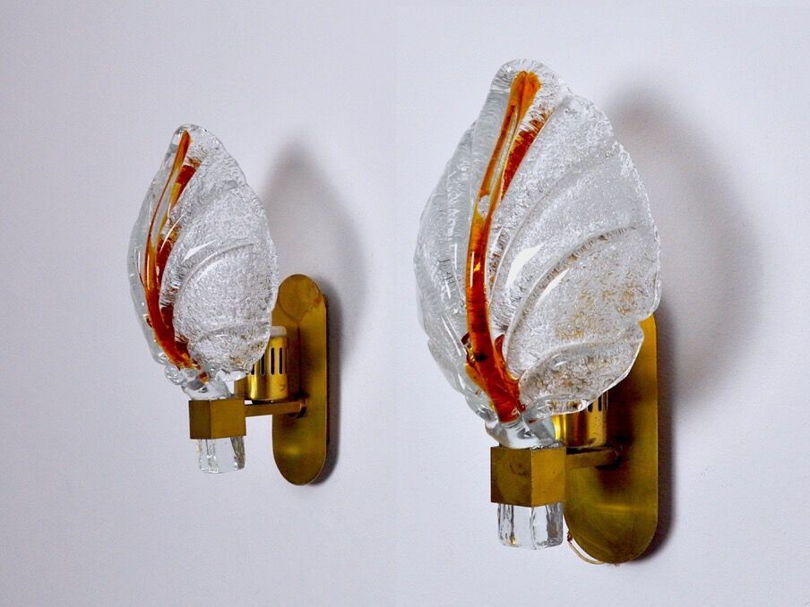 Pair of "leaf" wall lamps by Carl Fagerlund, Murano glass, Germany, 1970