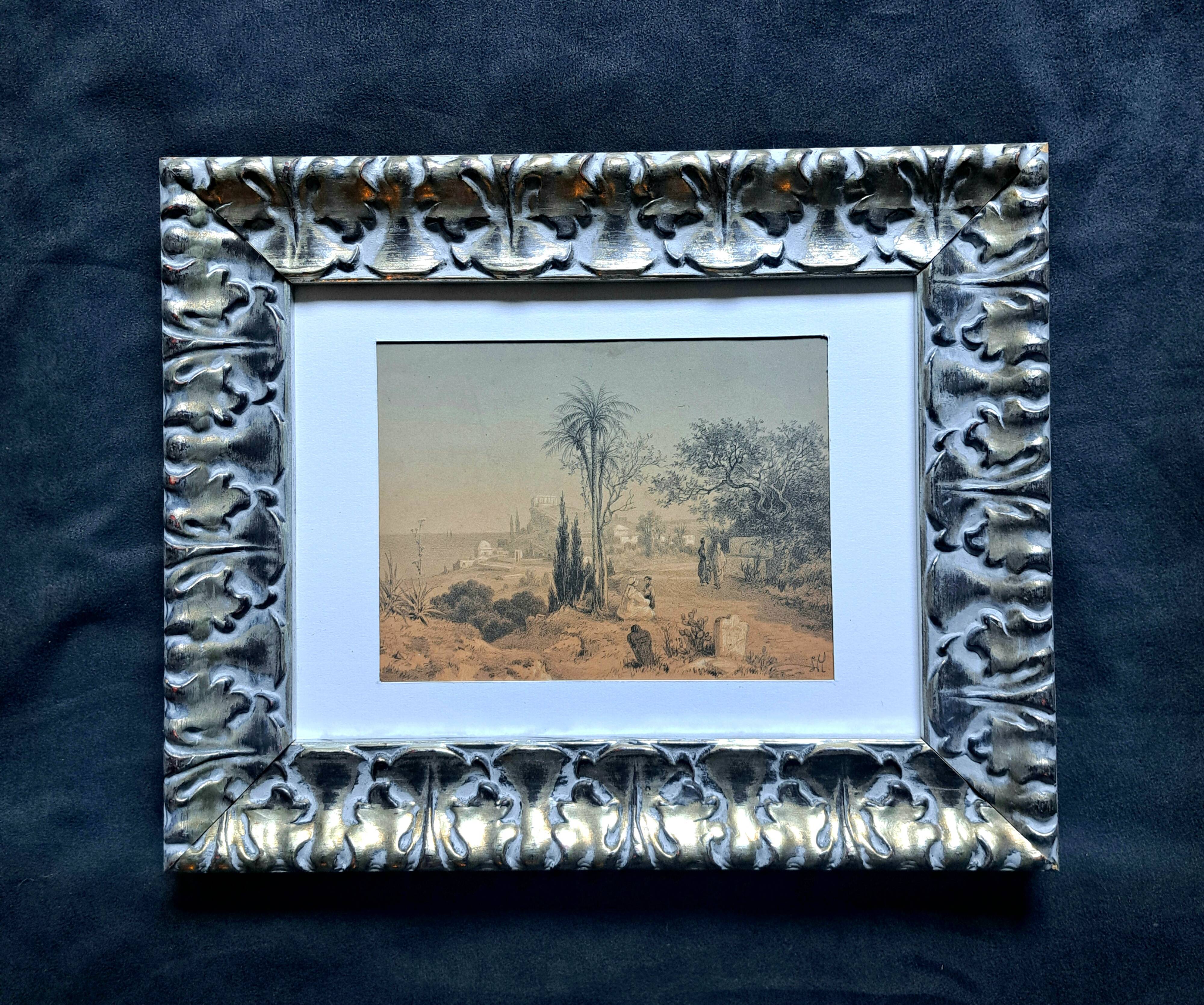 19th century orientalist painting, Algerian landscape, signed watercolor drawing
