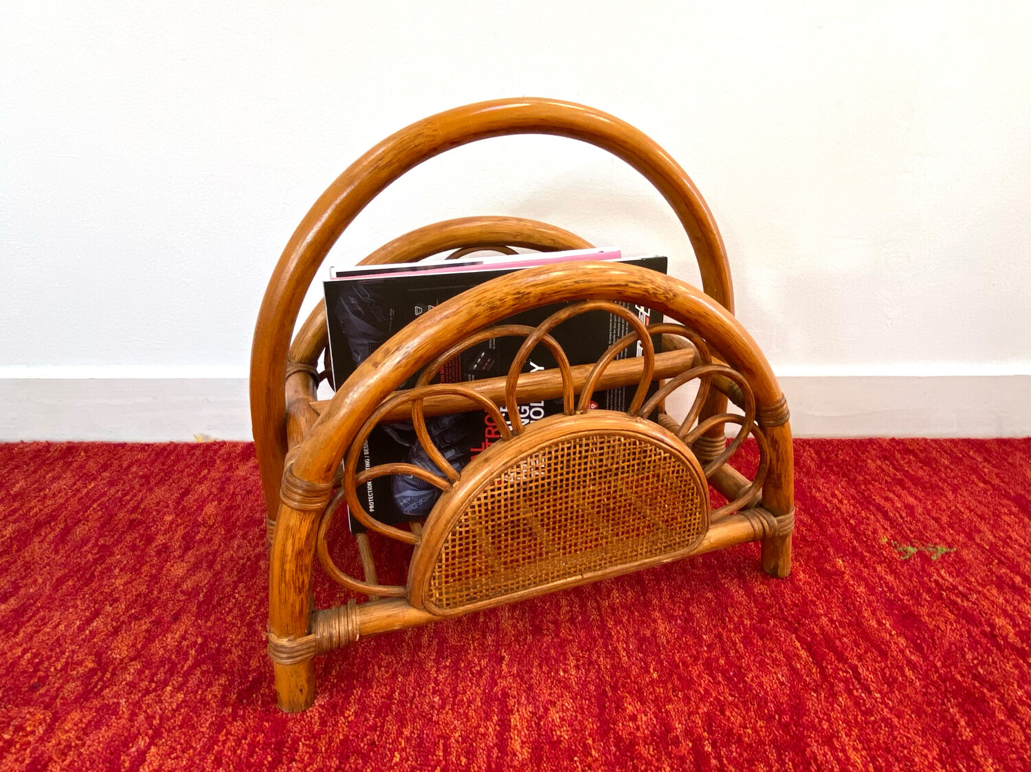 Rattan and bamboo magazine holder from the 70s