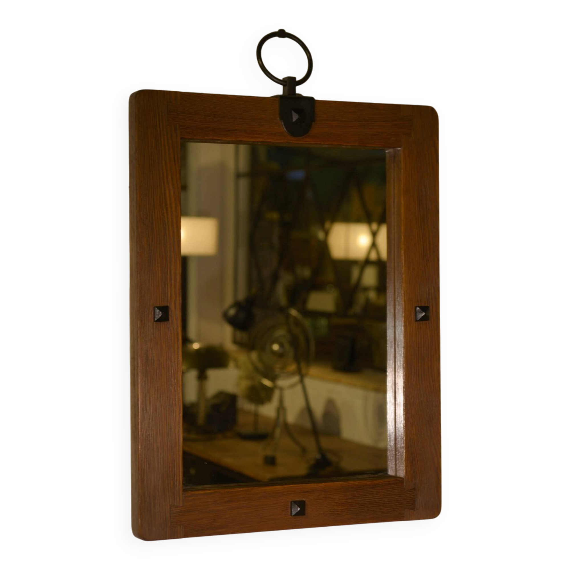 Brutalist mirror in solid oak with metal ring, 1960s.