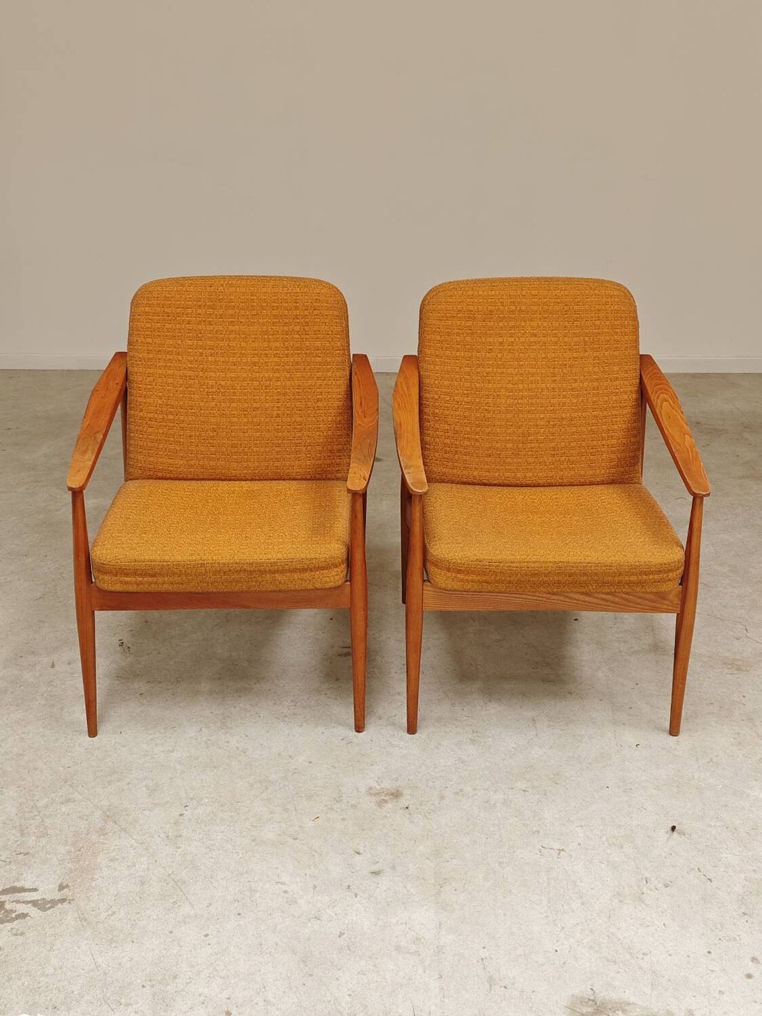 Pair of Czech armchairs in mustard flecked fabric, 1960.