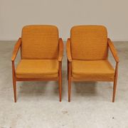 Pair of Czech armchairs in mustard flecked fabric, 1960.
