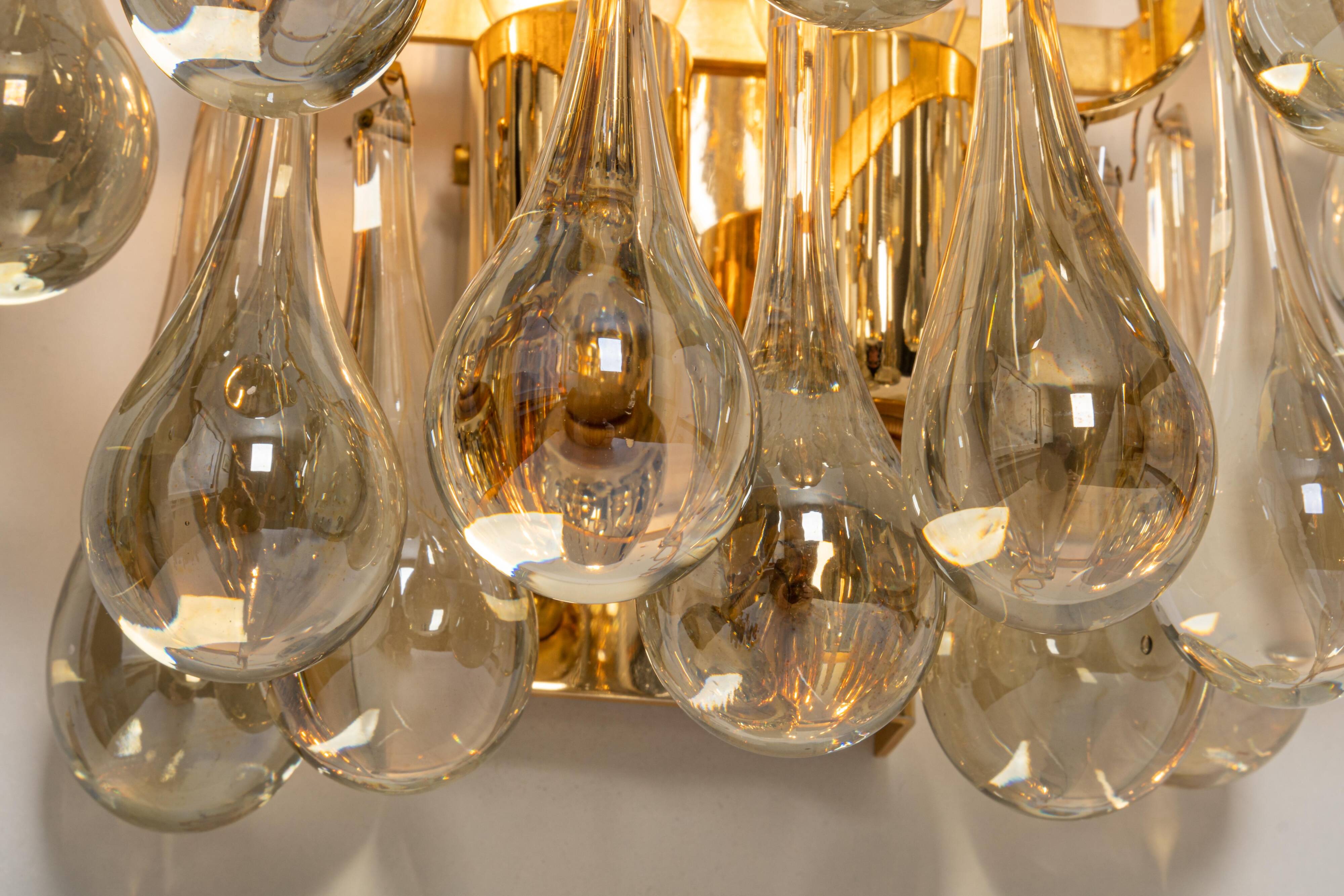 Large Pair of Gilded Brass and Crystal Wall Lights by Palwa, Germany, 1970s