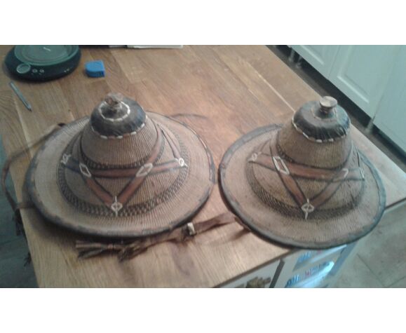 Chapeau colonial ancien en paille tressée et cuir | Selency