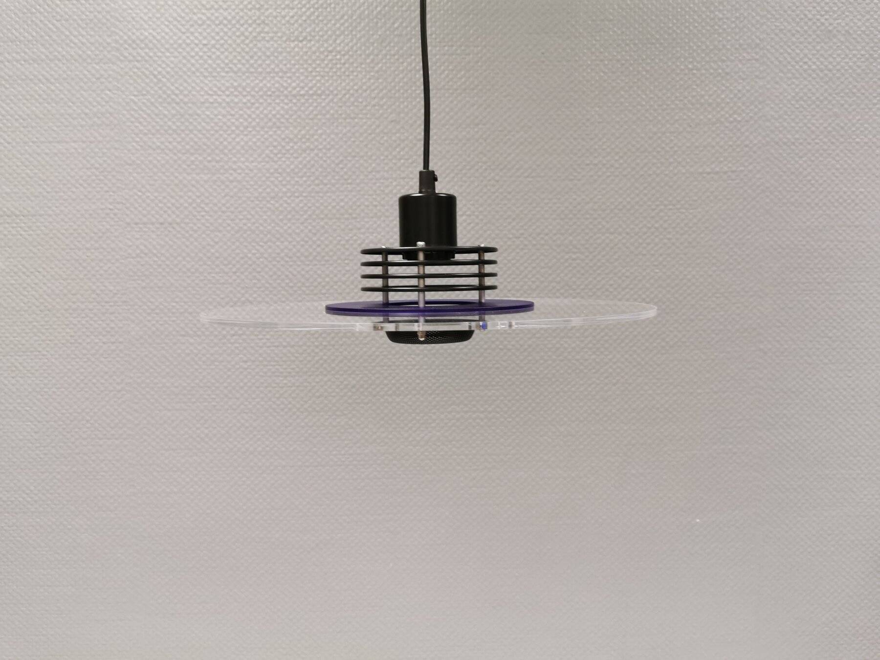 Danish space-age hanging lamp in transparent and blue plexi with black metal 1980s