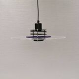 Lampe à suspension danoise de style spatial en plexi transparent et bleu avec métal noir des années 1980