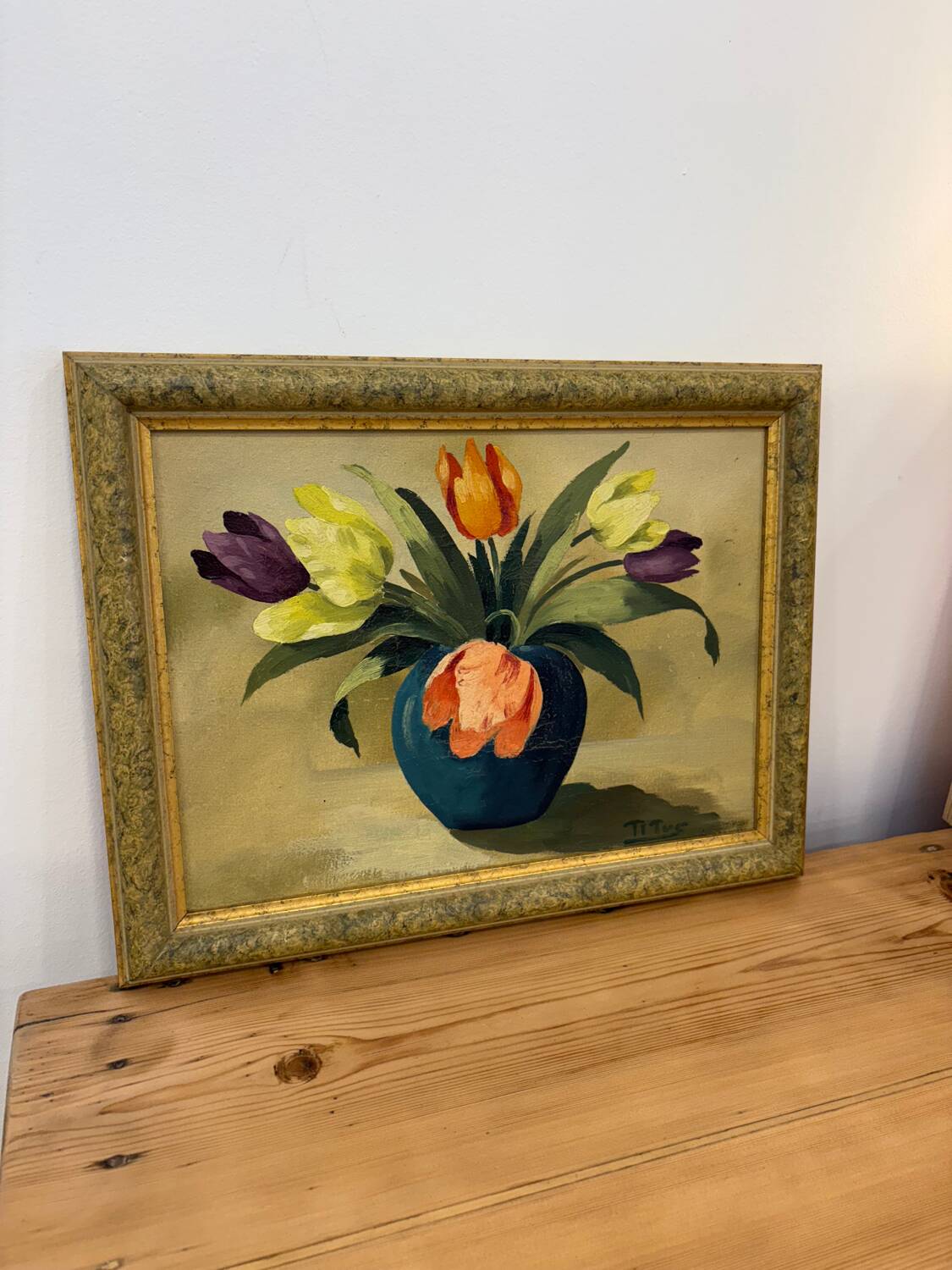 Oil painting of tulips signed Titus.