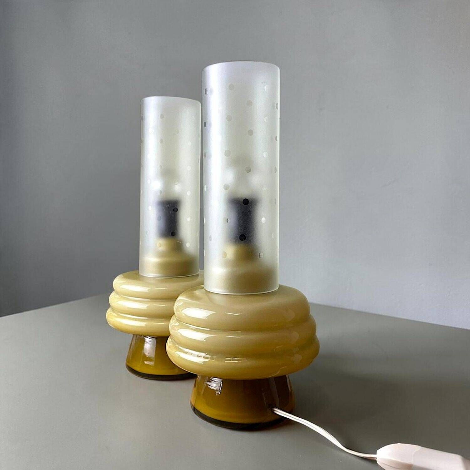 Pair Mid Century Modern olive green hlass table lamps
