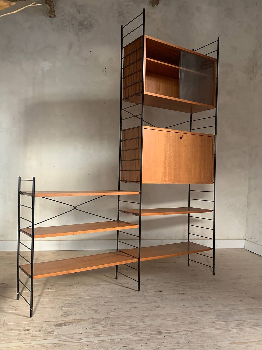 Vintage Scandinavian wire-framed metal and teak secretary bookcase set