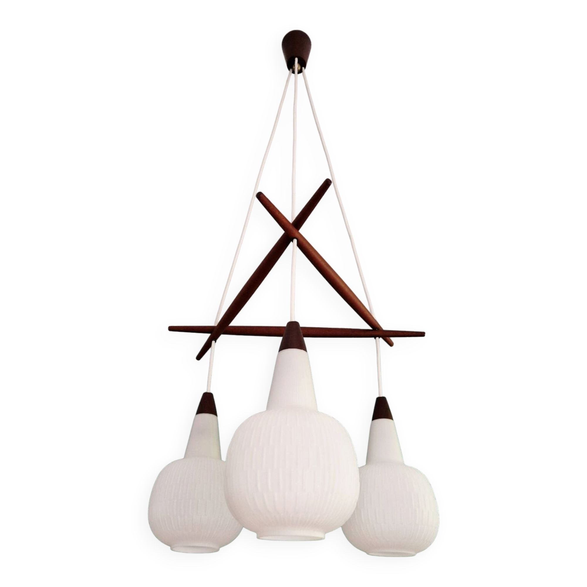 Scandinavian chandelier in teak and white opaline, 1960s
