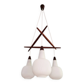 Scandinavian chandelier in teak and white opaline, 1960s