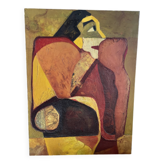 Large figurative oil painting from the 90s – Post-Cubist composition – French artist