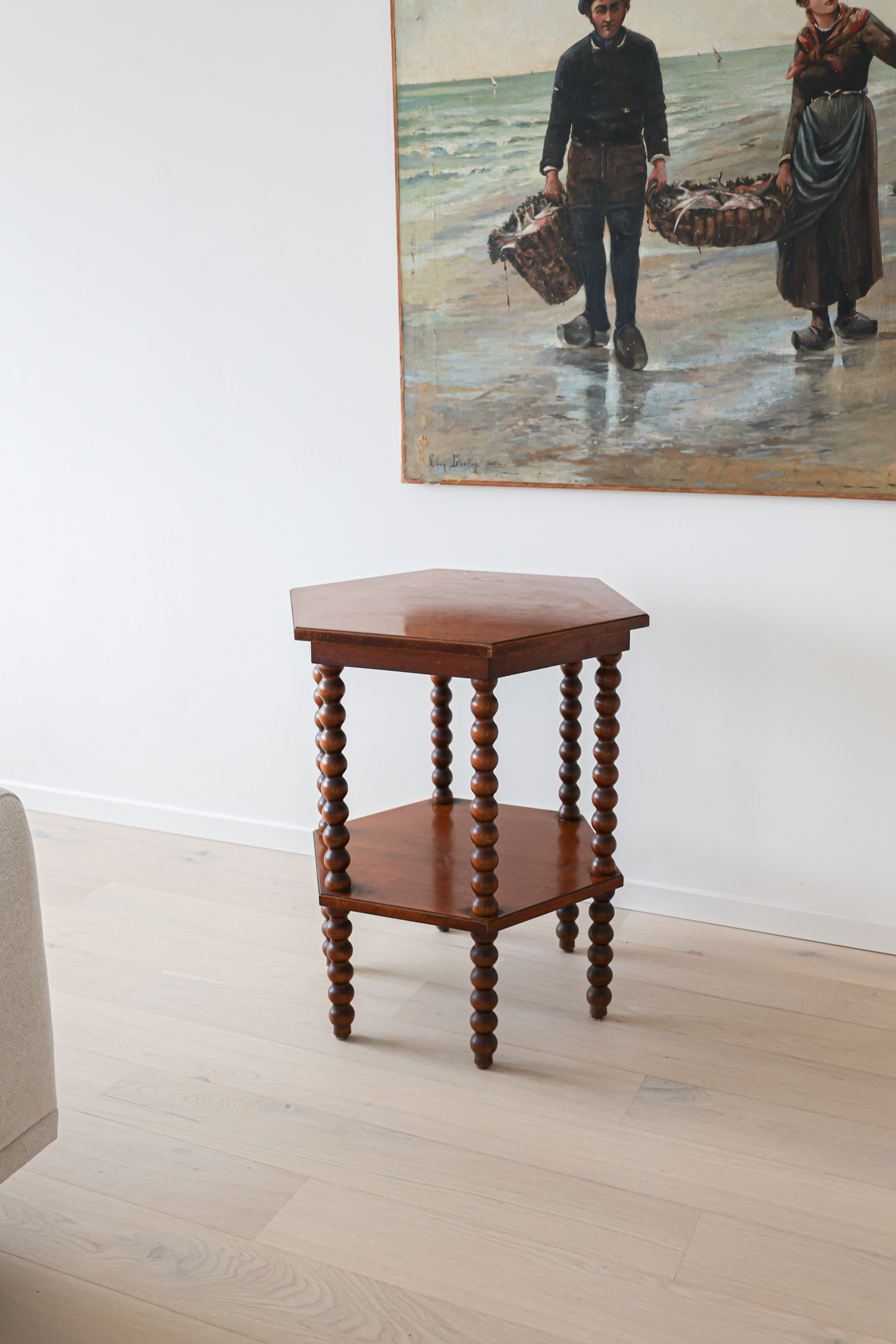 Antique octagonal bobbin side table, Belgium, 1940s