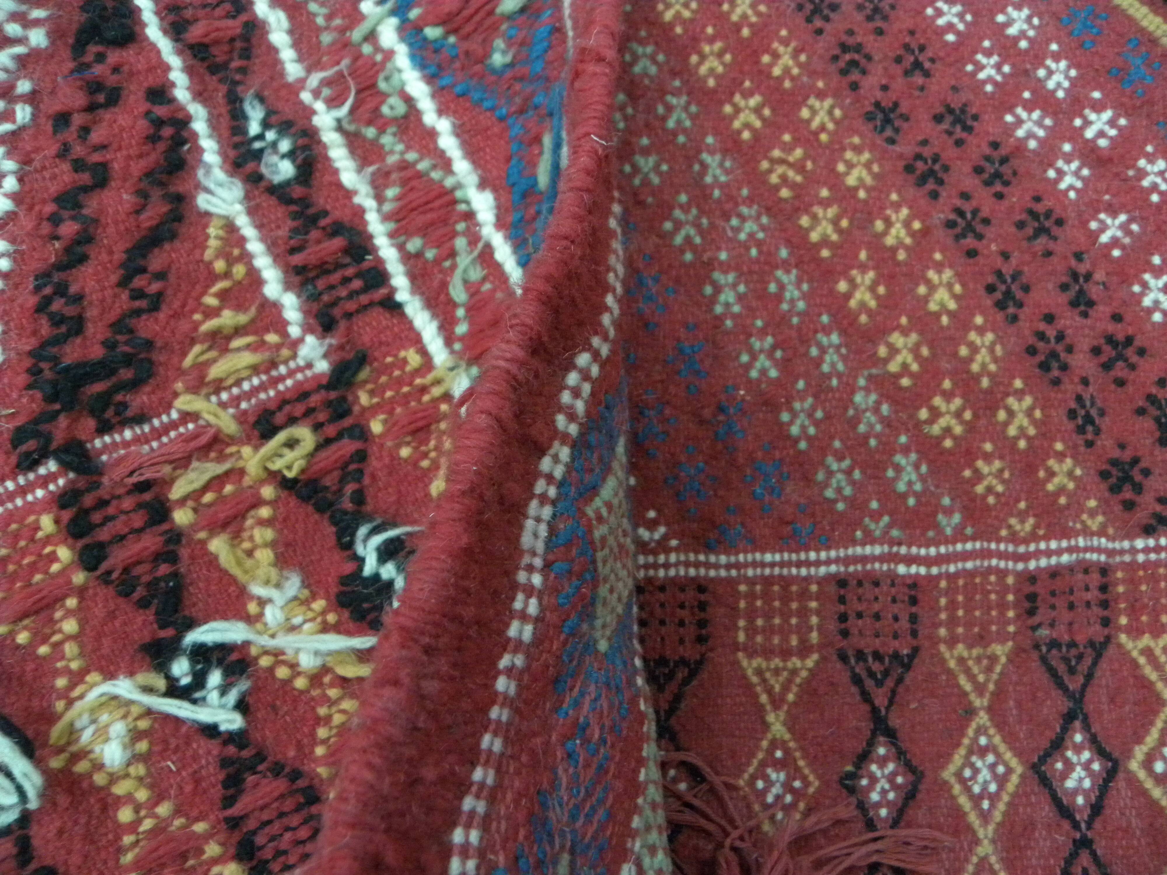 Vintage Tunisian Berber Nomadic Tribal Rug Old Red Diamond Pattern