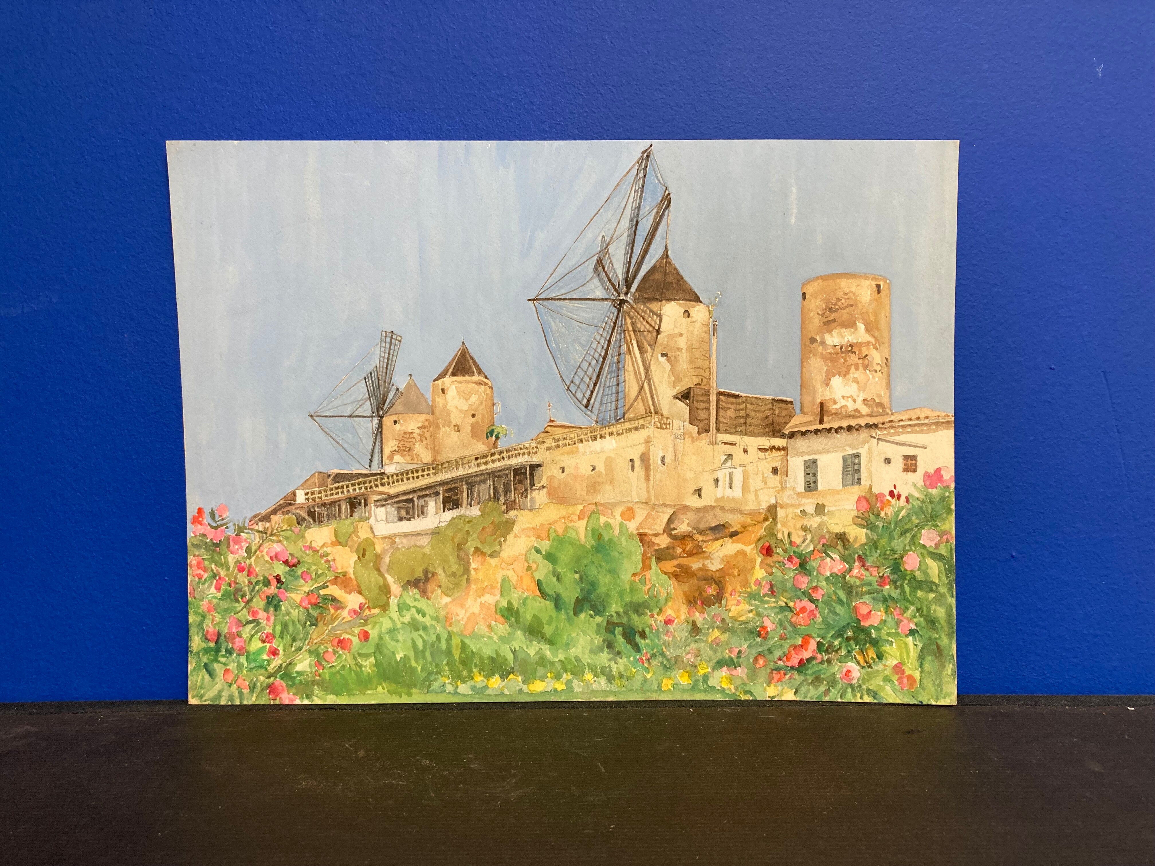 Watercolor landscape with vintage mills