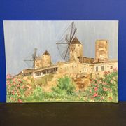 Watercolor landscape with vintage mills