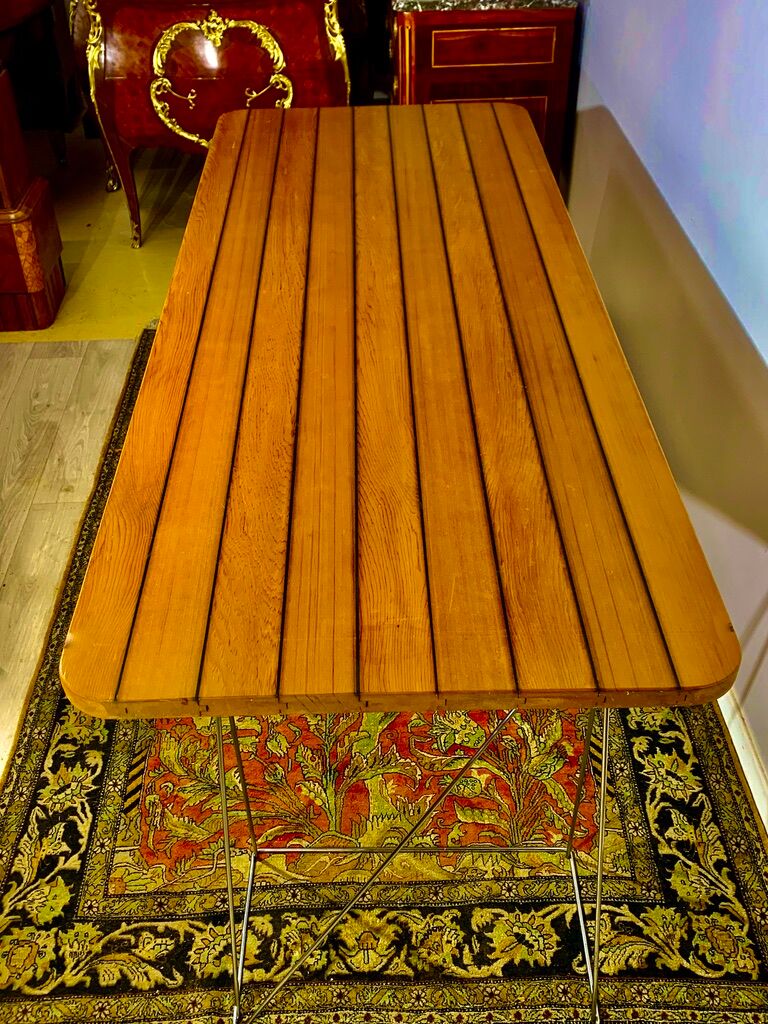 Teak table with chromed tubular metal base