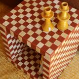 Side table - open cube bedside table with checkerboard in bone and terracotta resin