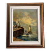 Old oil painting canvas of a fisherman by a lighthouse at sea.