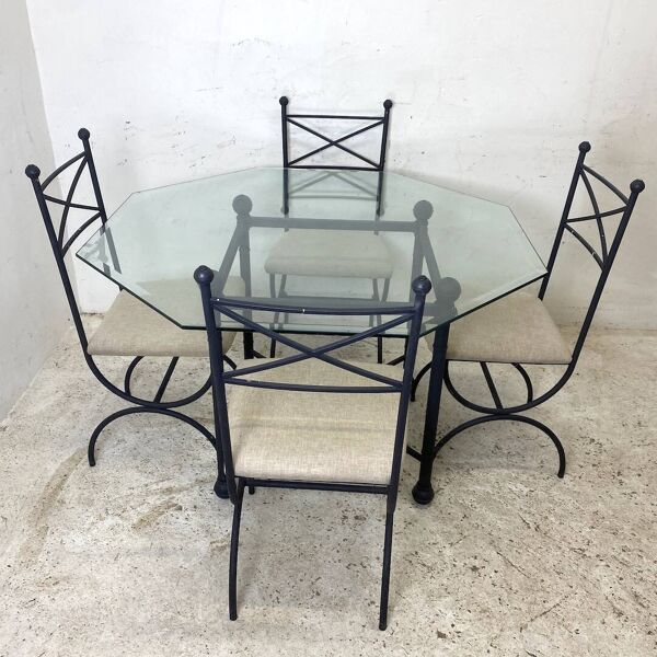 Ensemble salle à manger fer et verre octogonal biseauté