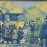 Watercolor painting of an animated scene from the late 19th century