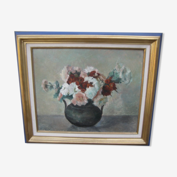 Bouquet de fleurs, ancien tableau, huile sur panneau signée