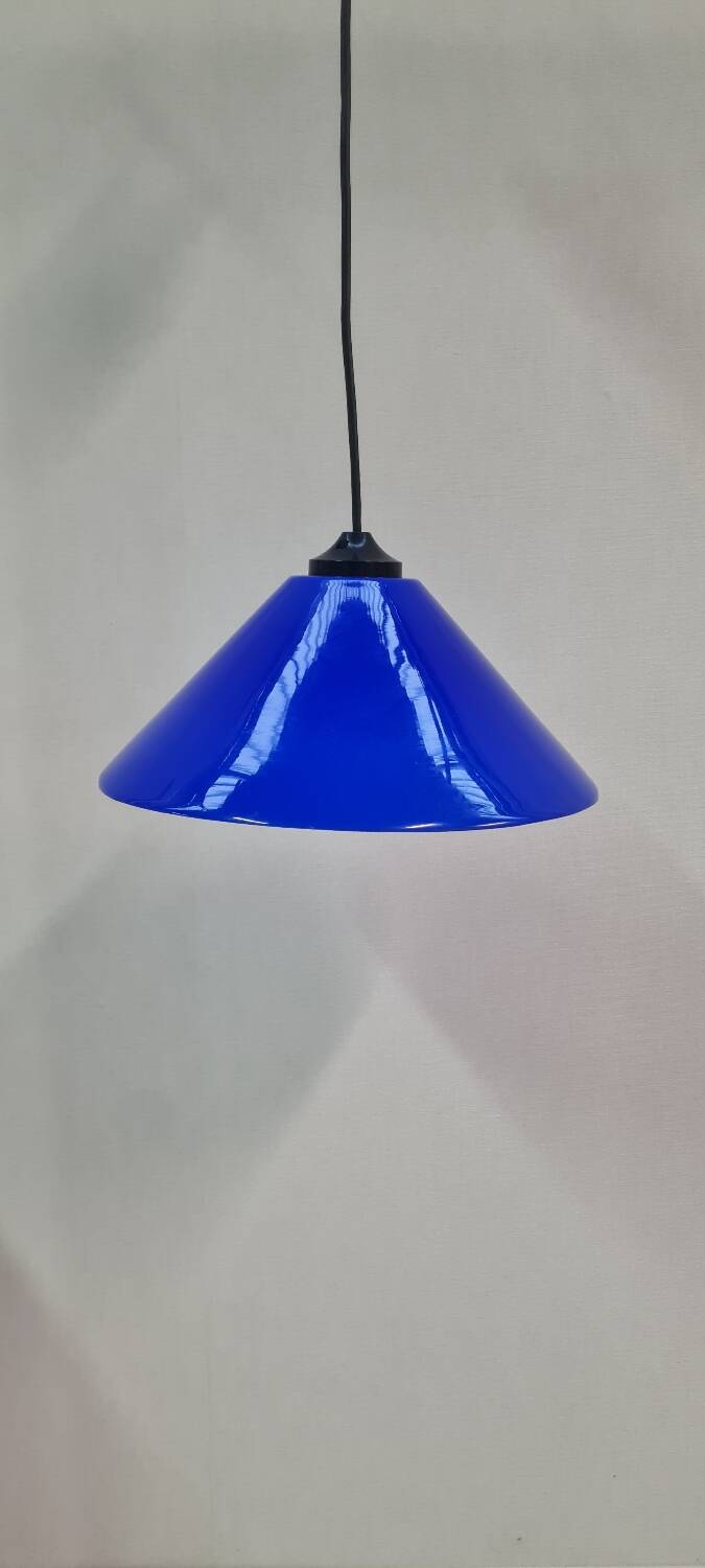Conical pendant light in blue opaline glass