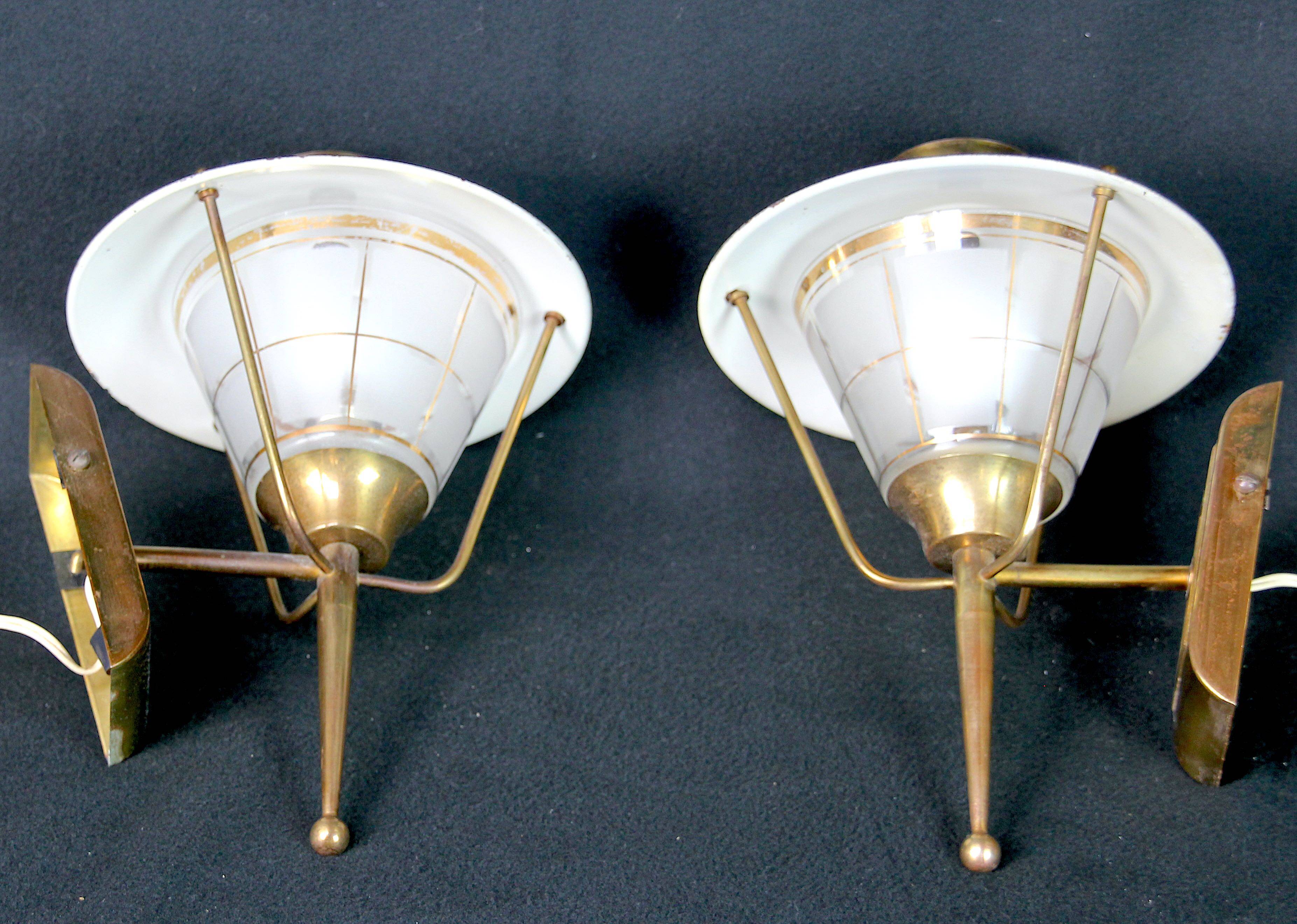 Pair of Sconces or Lanterns, Brass and Glass Maison Lunel, Mid-Century, France