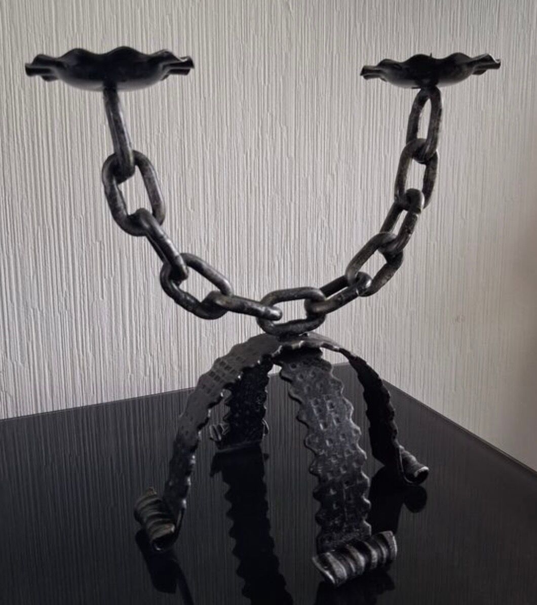 Brutalist double candle chandelier—wrought iron, chain and tripod base