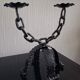 Brutalist double candle chandelier—wrought iron, chain and tripod base