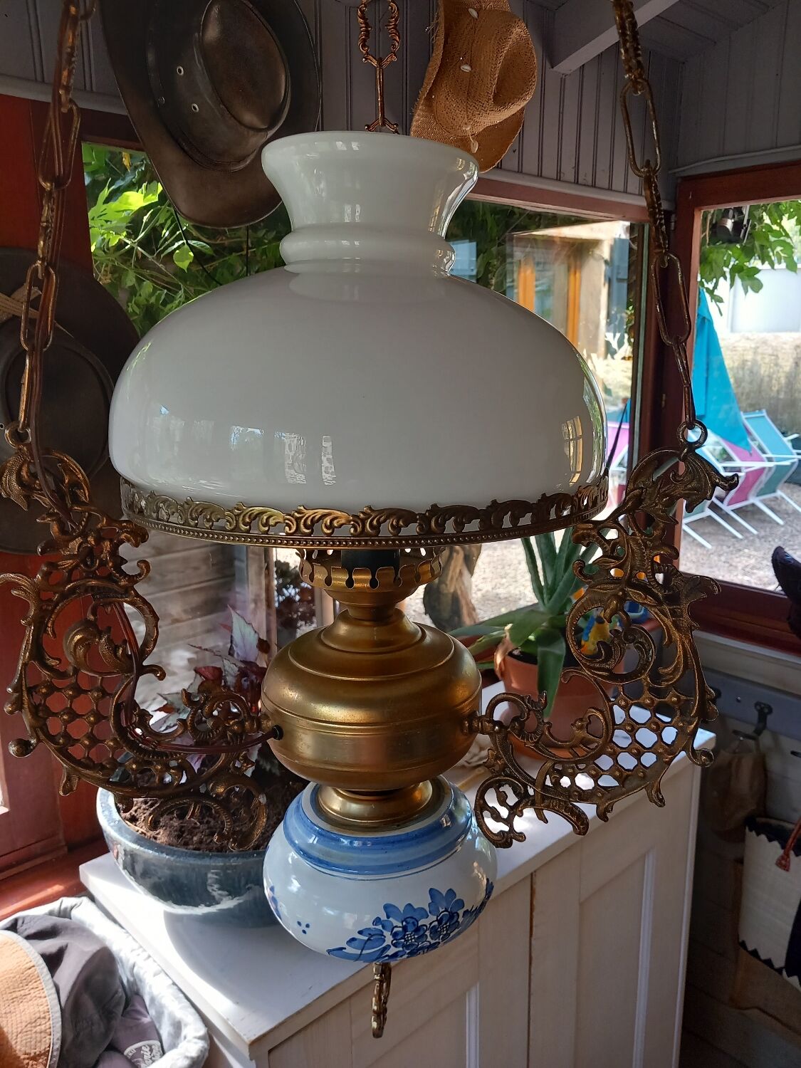 Old white opaline chandelier, brass and earthenware