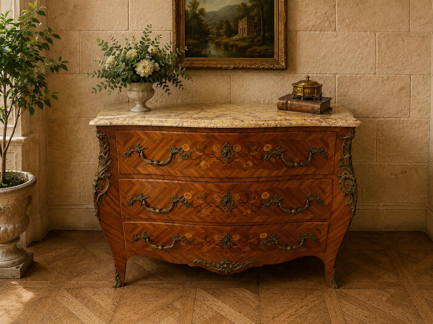 Curved Louis XV style commode with marquetry, opening with three drawers.