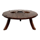 Brutalist Circular Coffee Table in Solid Wood – Brazilian Folk Art