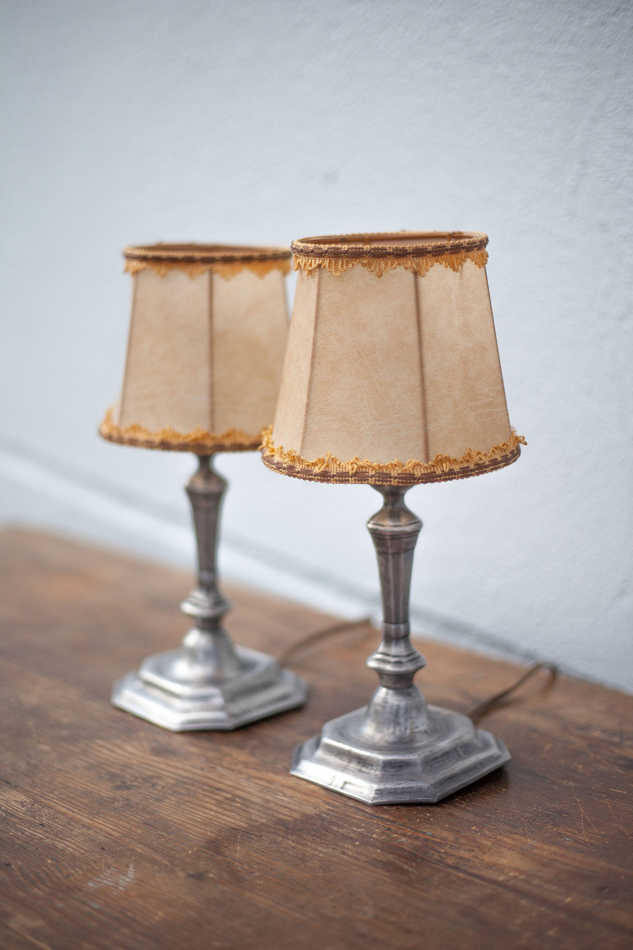 Vintage lamp pair, bedside lamp, tin lamp stand with lampshade, interior décor