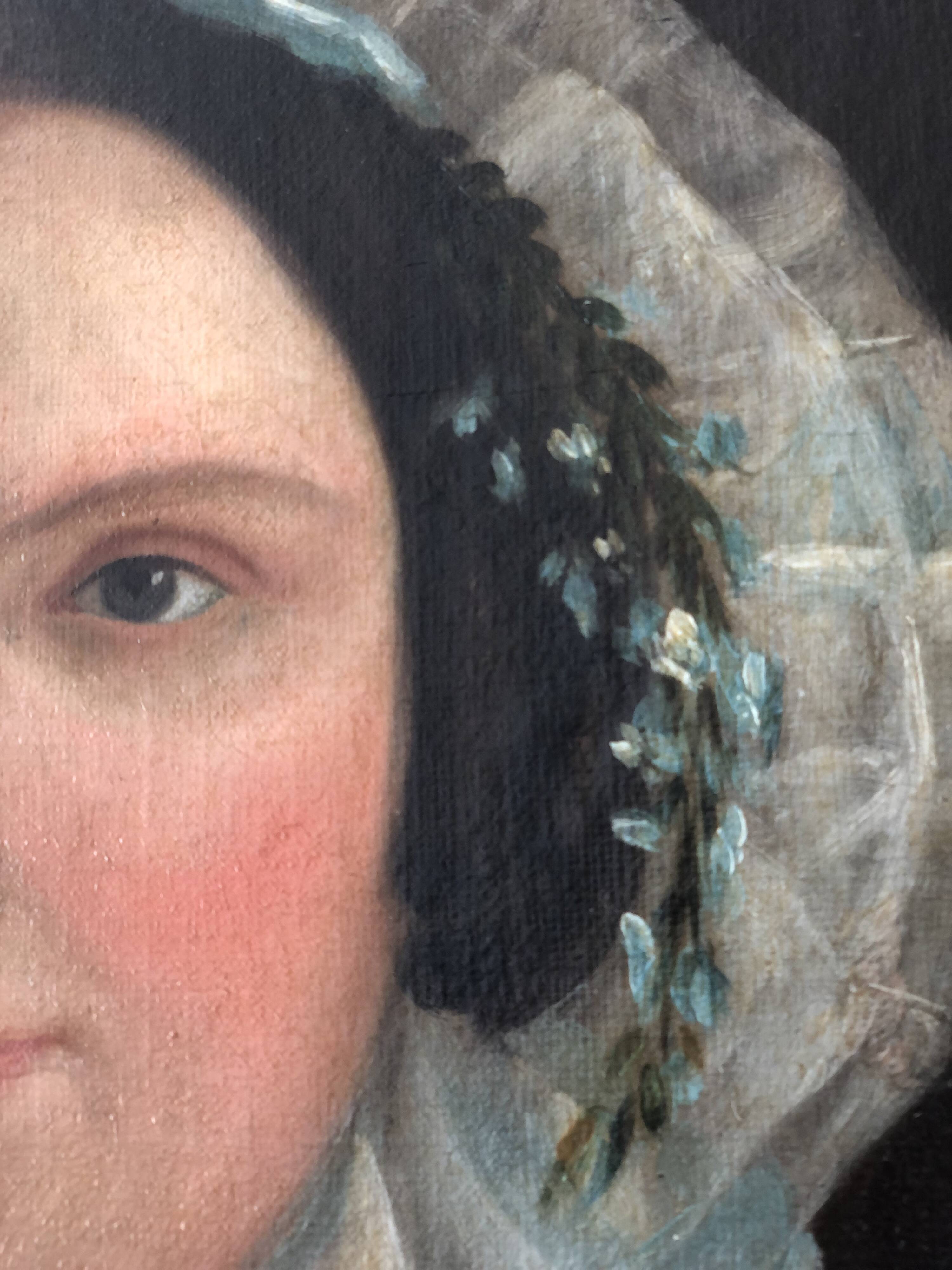 Peinture à l'huile antique vintage d'une dame néerlandaise, 19e siècle