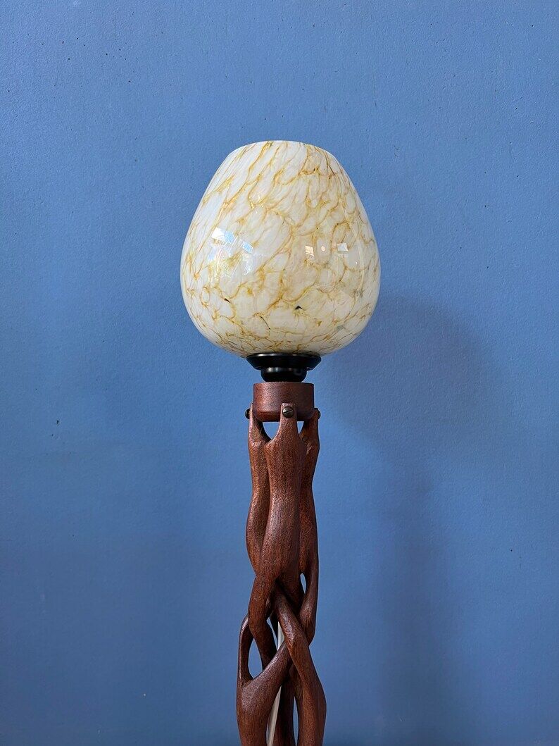 Hand-carved wooden table lamp with art deco lampshade